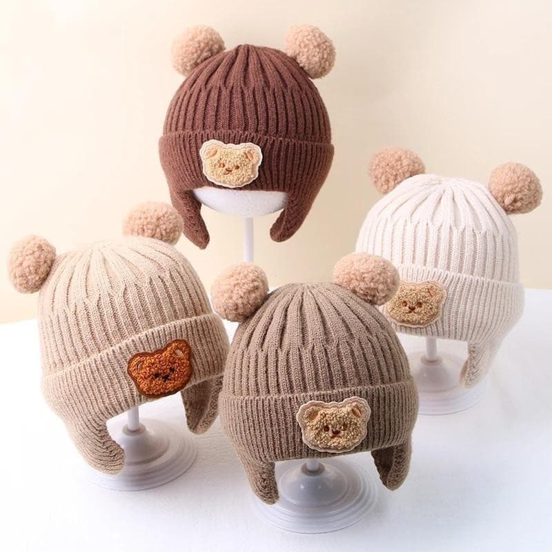 Gorro de Tricô para Bebê com Orelhas de Urso de Desenho Animado, Chapéu Protetor para Meninos e Meninas, Bonito, Quente,