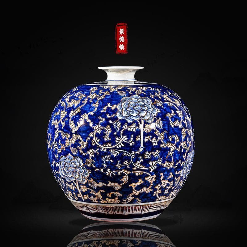 Jingdezhen cerâmica pintada a ouro pintada à mão azul branco porcelana grande vaso novo estilo chinês sala de estar arra
