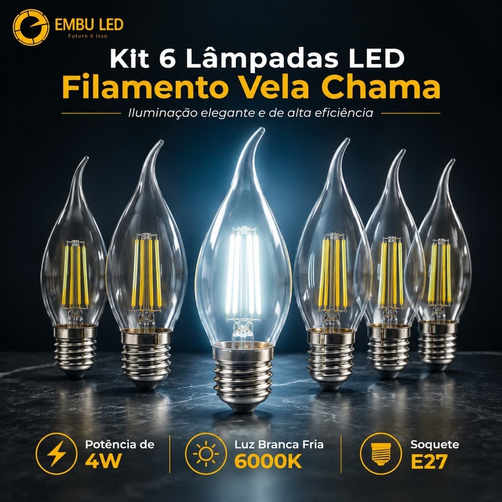 Kit 6 Lampadas Led Filamento Vela Chama 4w E27 6000k