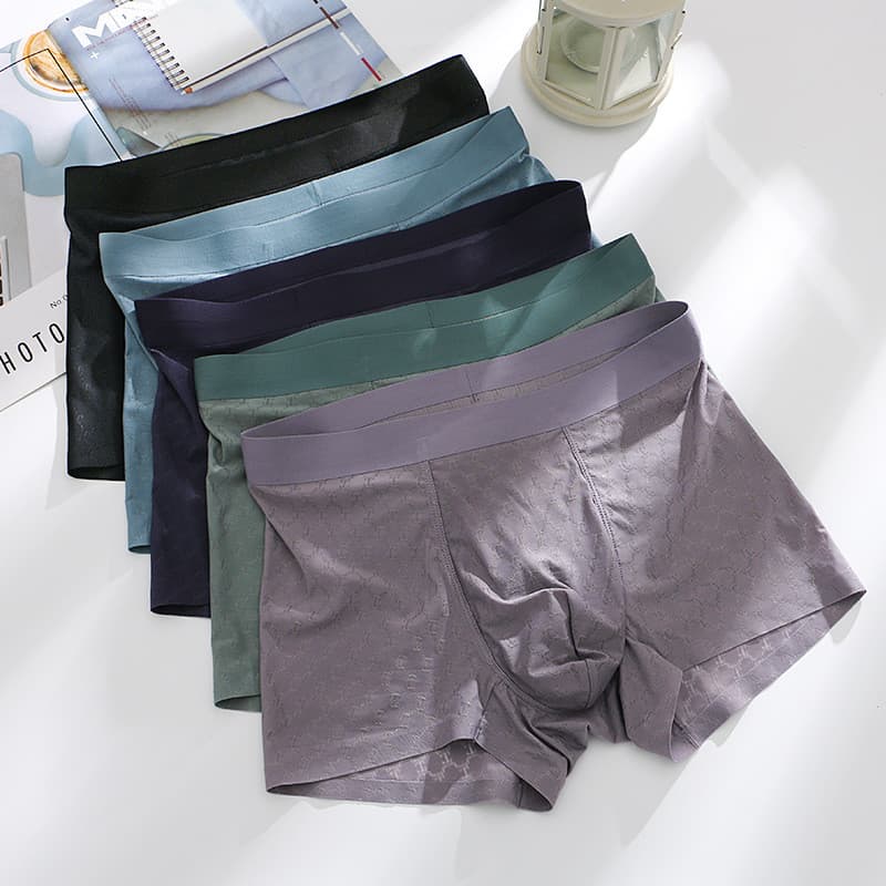 Cuecas boxer masculinas de seda gelada com toque fresco, sem costura, em jacquard, respiráveis e com sensação de pele nu