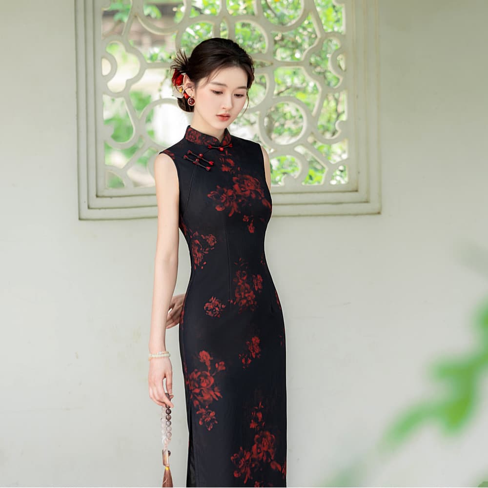Preto com flores mais magro olhar estilo chinês novo estilo chinês longo Cheongsam jovem 2026 novo estilo feminino Retro