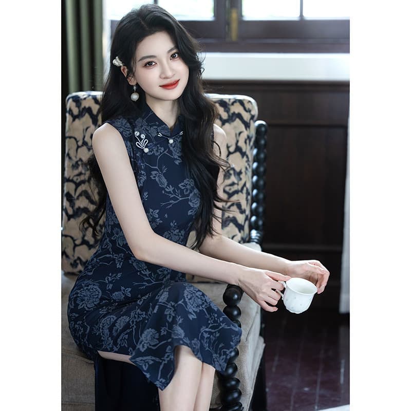 Diariamente Wearable primavera verão novo estilo Jacquard longo Cheongsam estilo jovem Retro elegante estilo chinês vest