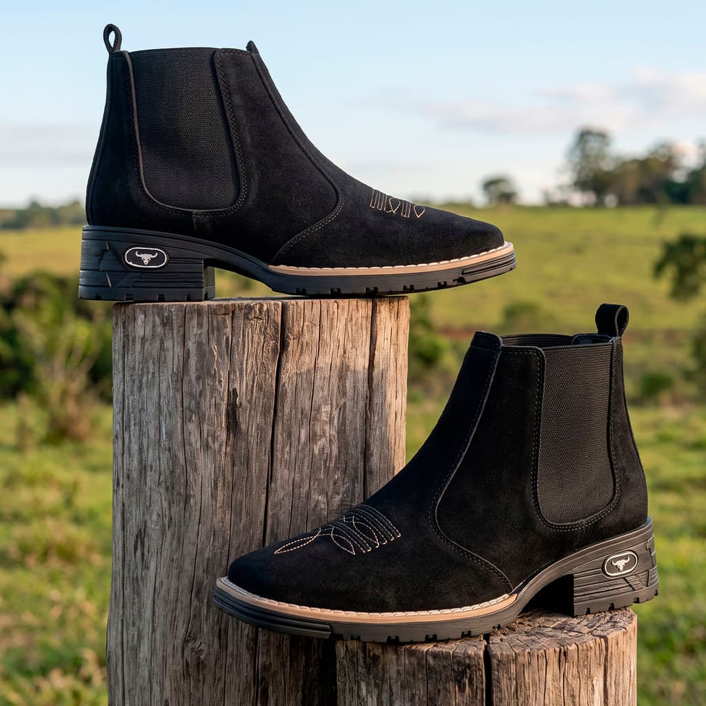 Botina Feminina Texana Country Camurça Sintética Bordada Cano Curto Solado Borracha Premium
