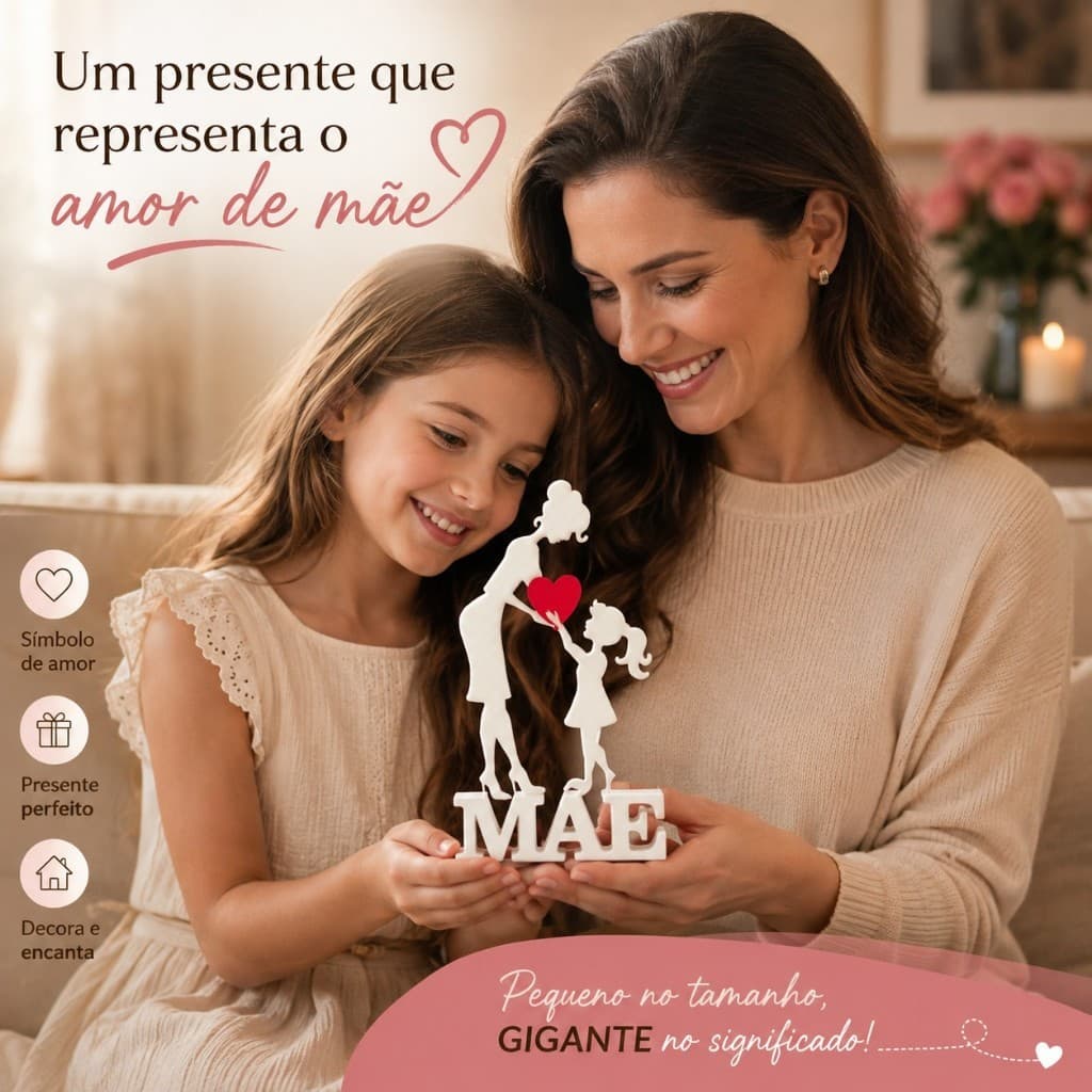 Porta-Retrato Mãe e Filha com Coração Decoração Presente Dia das Mães Lembrança Especial Amor de Mãe