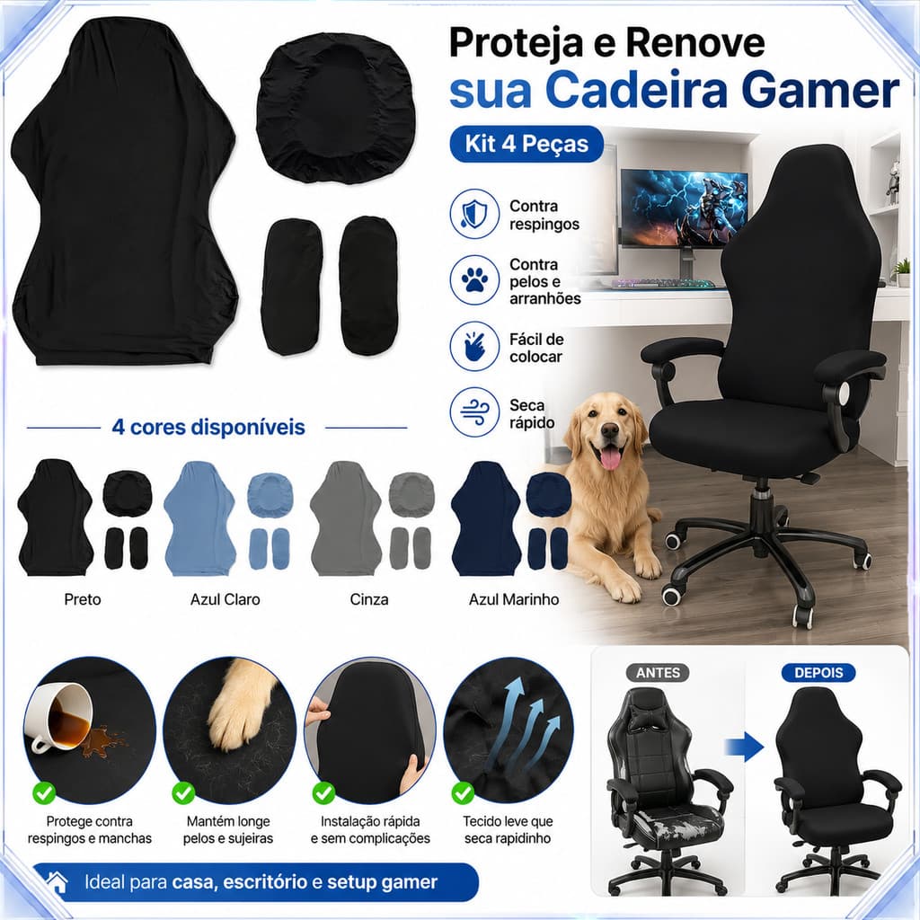 Capa Elástica Cadeira Gamer, Resistente Arranhão de Pet, Não Desliza Com Borda Elástica