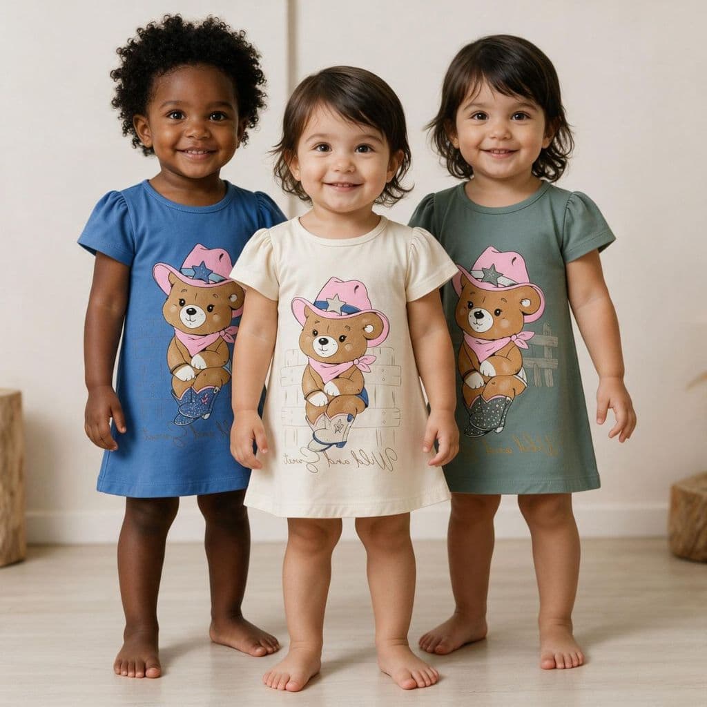Kit Vestido Infantil Menina Ursinho Estampado Manga Curta Roupa Feminina Moda Kids Casual Passeio