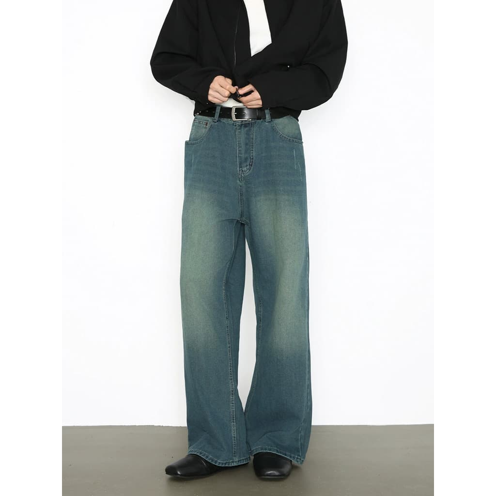 Retro All-Match Casual novo estilo calças americano High Street lavado cleanfit solto Jeans reto masculino perna larga