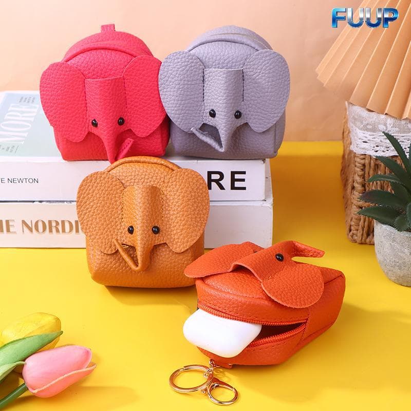 FUUP Couro Do Plutônio Elefante Saco De Dinheiro Feminino Bolsa De Moedas Com Chaveiro Multifuncional Zíper Sacos De Arm