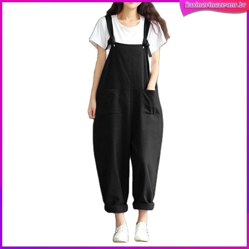 Macacão Feminino Solto Casual Plus Size de Algodão e Linho LIL/Multicolorido GRAD