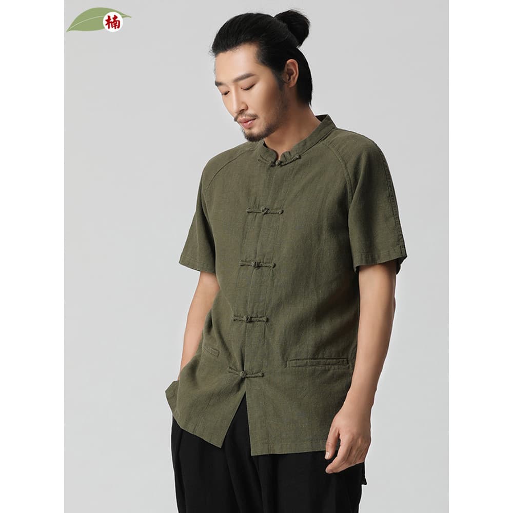 Nan Tang terno estilo chinês masculino verão camisa de manga curta Ramie estilo fino botão Casual linho meia manga topo
