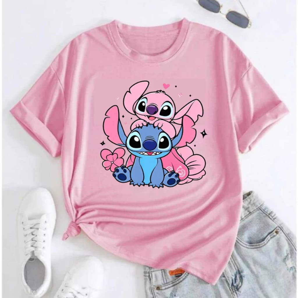 Camiseta Infantil Menina Stitch e Angel Amor Love Coração Camiseta Blusa Juvenil Algodão Premium