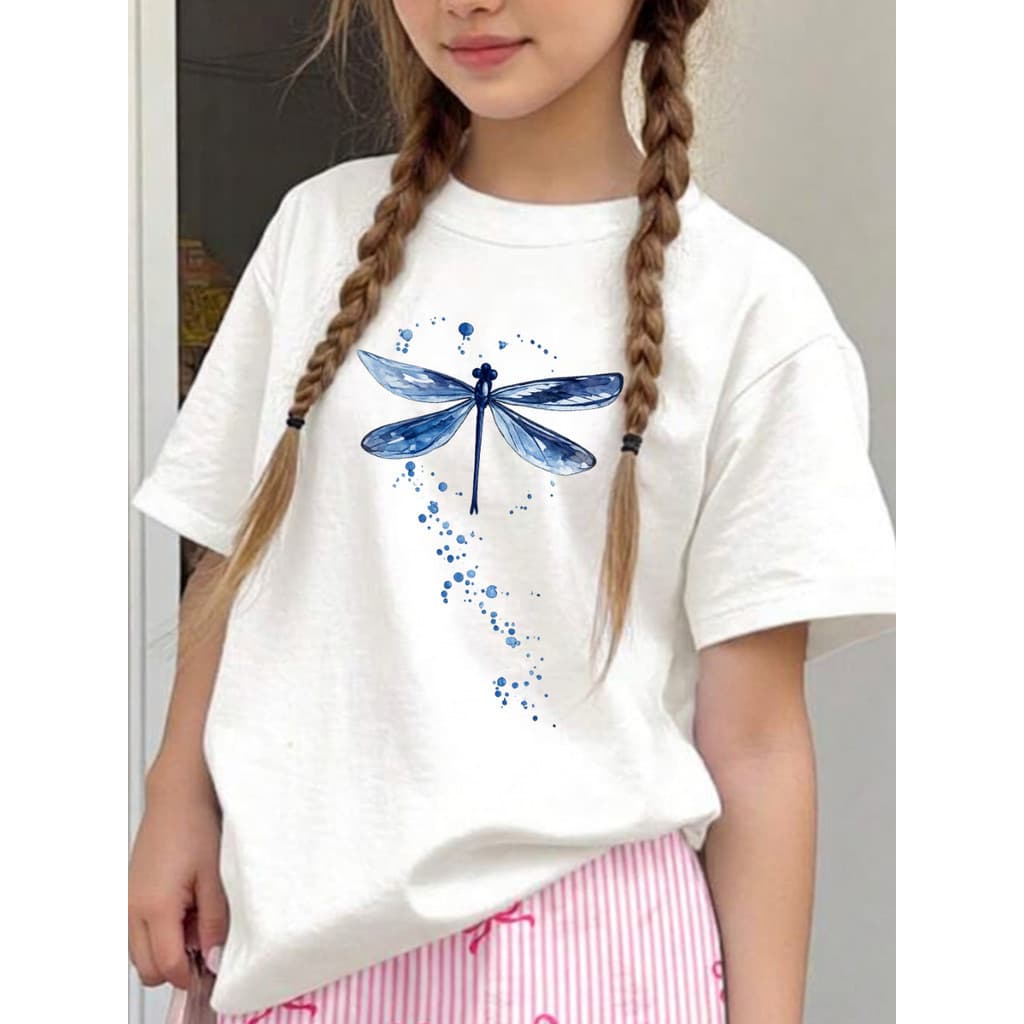 Camiseta Infantil Feminina Estampa Libélula Delicada Aquarela Gola Redonda T-Shirt Roupa De Criança