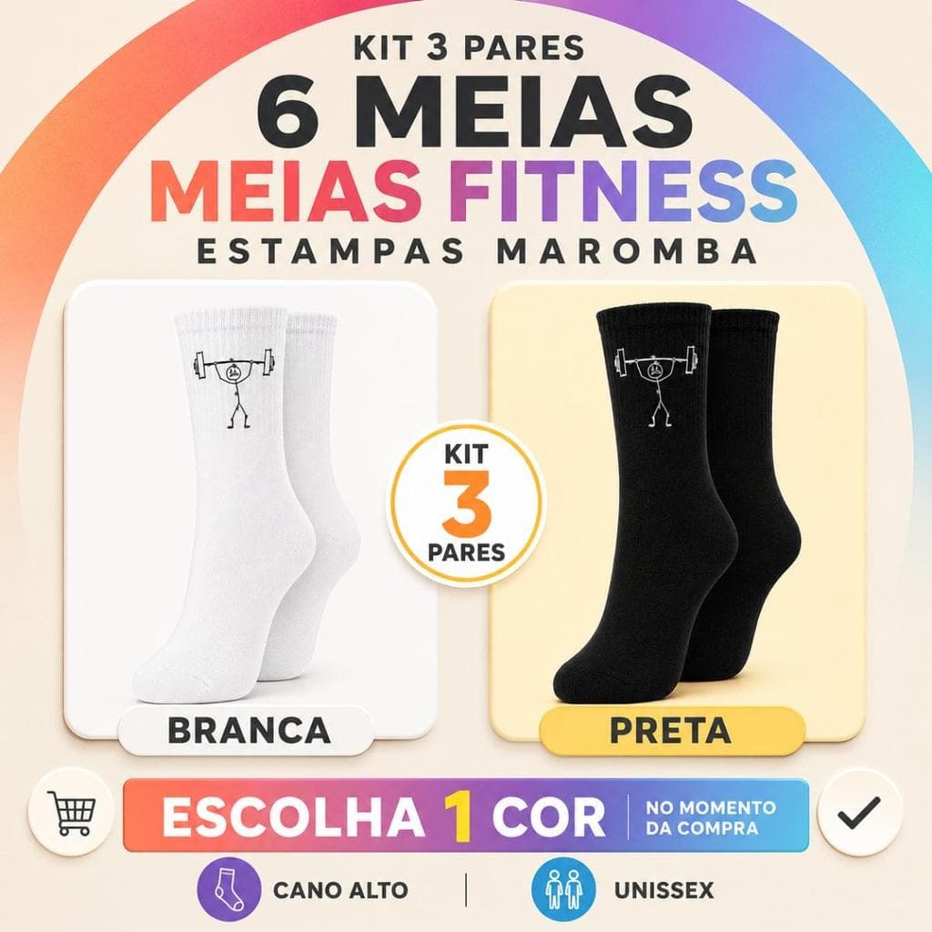KIT 3 PARES DE MEIAS MAGRINHO CANO ALTO – PRETA OU BRANCA – FITNESS UNISSEX