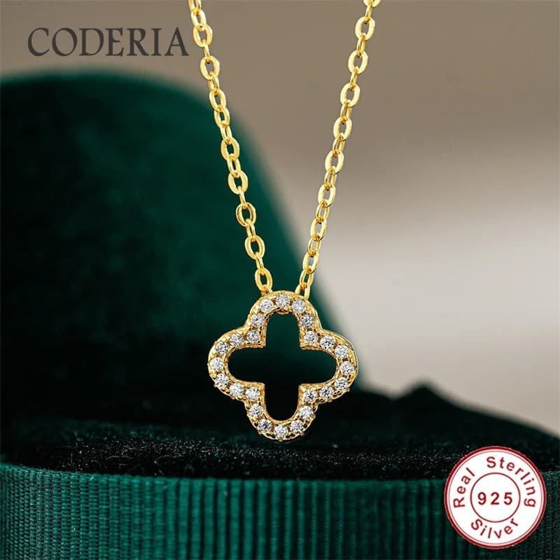 Colar De Clavícula Com Pingente De Trevo De Quatro Folhas Para Mulheres , Prata S925 Banhada A Ouro 18K , Diamante Moiss