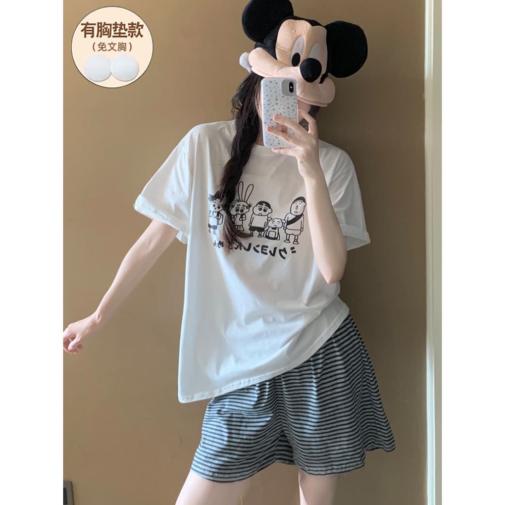 Pijama feminino de desenho animado Crayon Shin-Chan com almofada no peito verão algodão puro fino manga curta 2026 novo