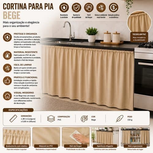 Cortina para Pia de Cozinha Cuisina Chic Bege Organizadora Moderna