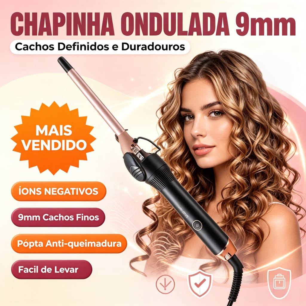 Modelador de Cachos Finos e Definidos Profissional Aquecimento Rápido Fazedor Babyliss 9mm Bivolt