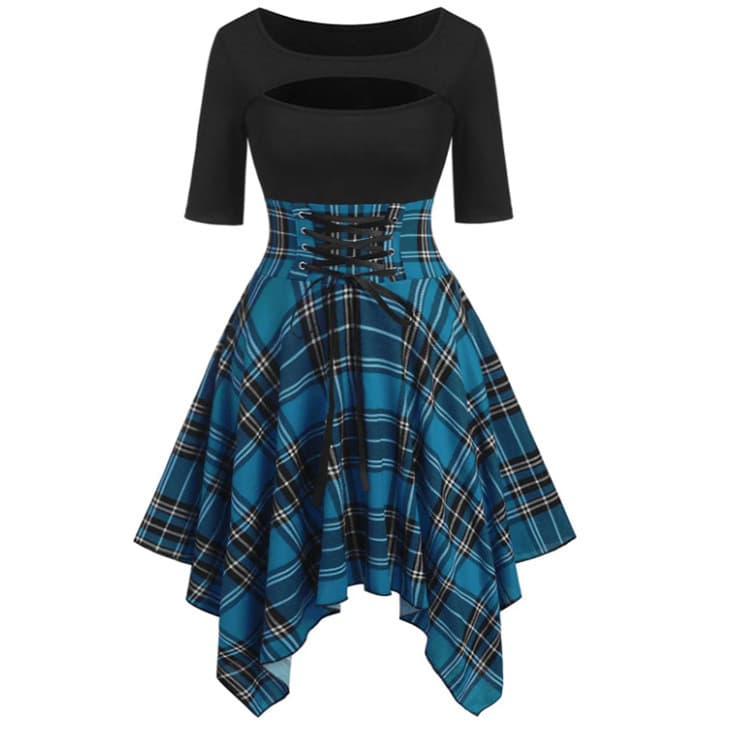 Irregular Punk Gótico Xadrez Impressão Vestido De Festa Manga Longa Preto Harajuku Estética Hip Hop Férias Atchwork Rend