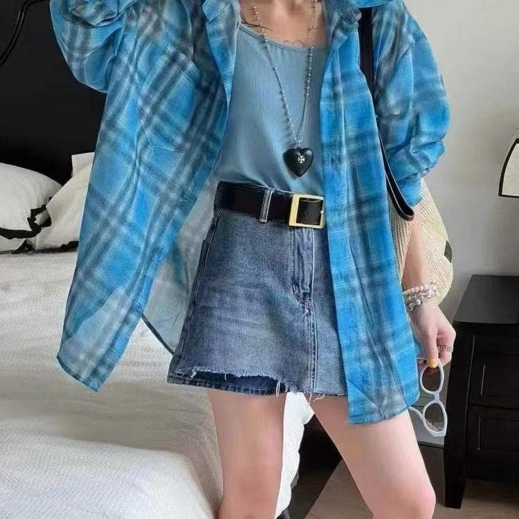 [Oferta por tempo limitado] Camisa xadrez de manga comprida com gola polo linda camisa feminina Design camisa solta card