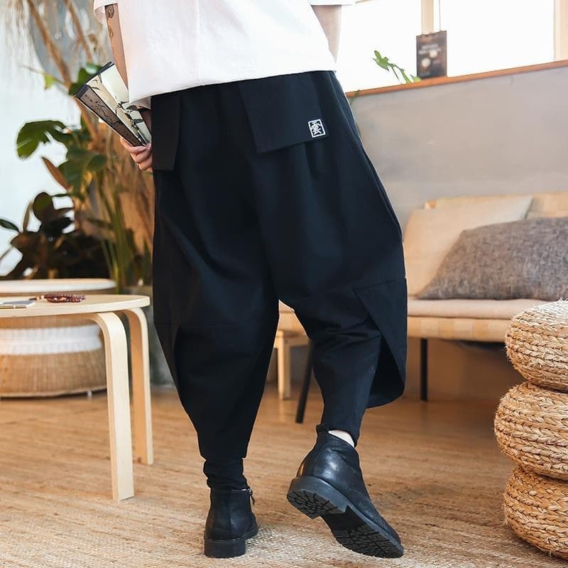 Estilo chinês roupas masculinas bordado falso calças masculinas de duas peças grande virilha calças masculinas soltas Ha
