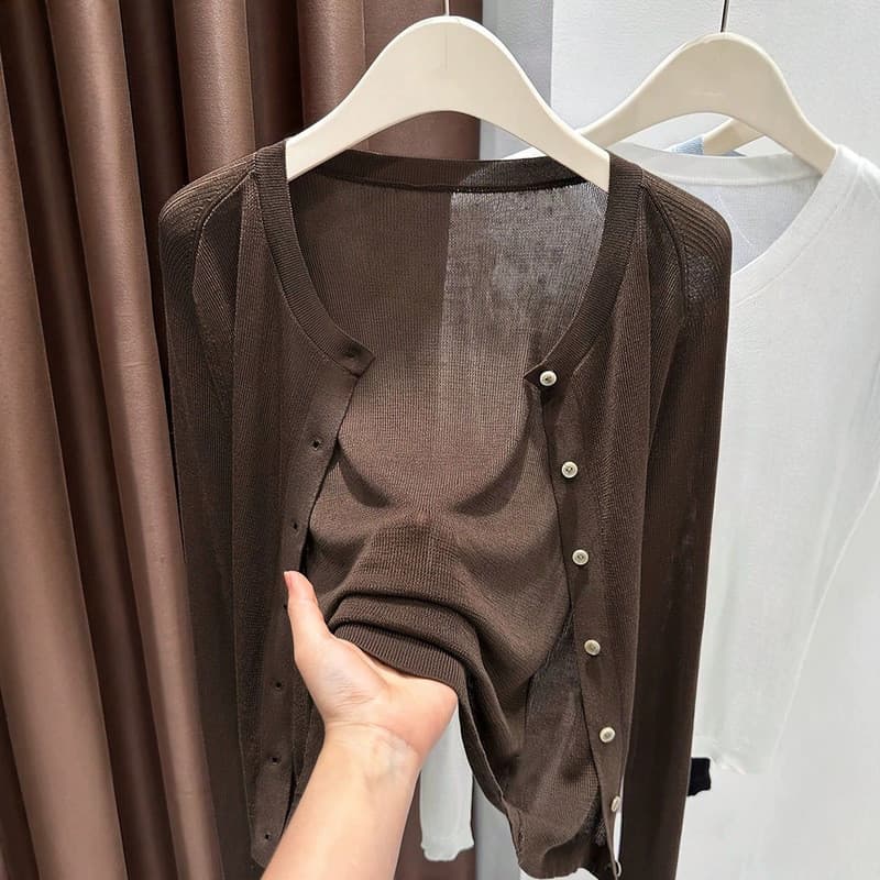 Primavera verão feminino cardigan de malha cor sólida em torno do pescoço manga longa cardigan