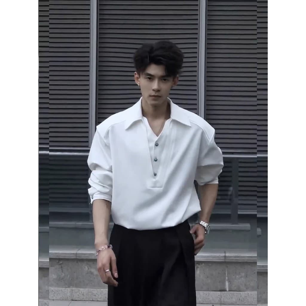 Branco falso de duas peças camisa Polo de manga comprida masculina outono americano Retro lapela camiseta Design com dec