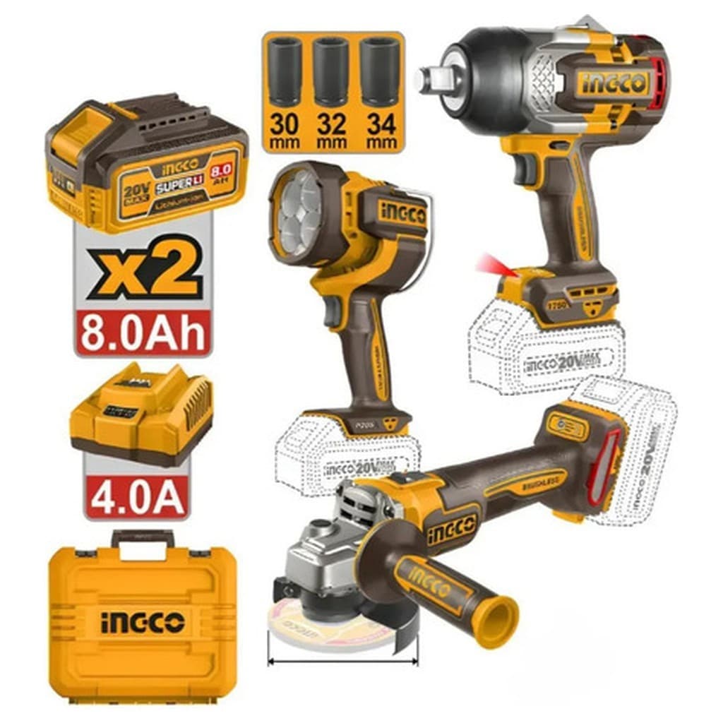 Combo Ingco Chave Impacto 1750Nm Esmerilhadeira 4.1/2Pol Lanterna 2000Lm 2 Baterias 8Ah