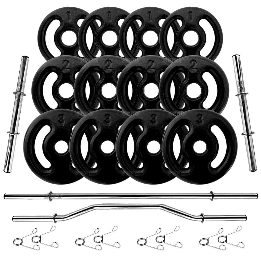 Kit 24Kg Anilhas Emborrachadas Pretas com Barras de 40cm e 1,60m + Barra W 1,20m