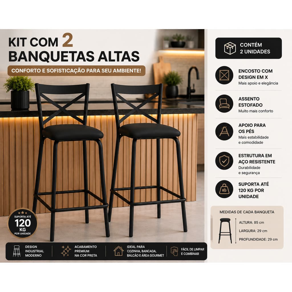 Kit 2 Banqueta Alta Preta com Encosto para Cozinha Balcão Bancada Área Gourmet Banco Alto