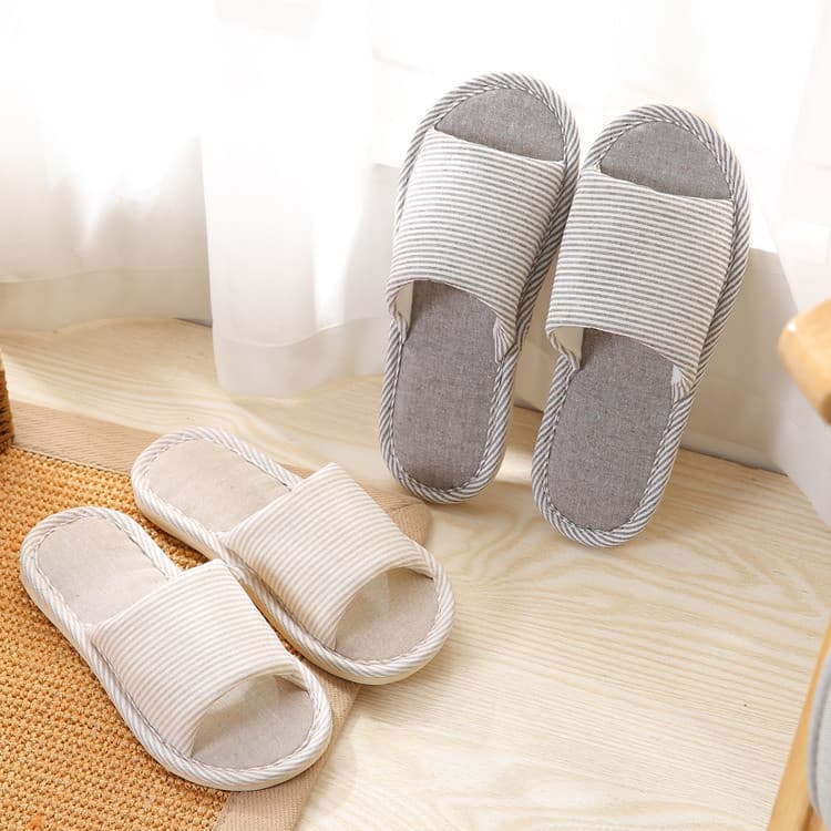 Primavera verão listrado casa chinelos de linho feminino casa interior casal antiderrapante de sola grossa piso masculin