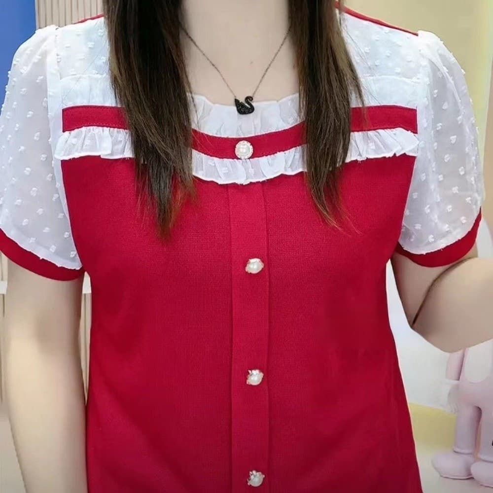 Blusa de Chiffon Plus Size Feminina Estilo Coreano de Verão com Decote Quadrado e Manga Curta 3952