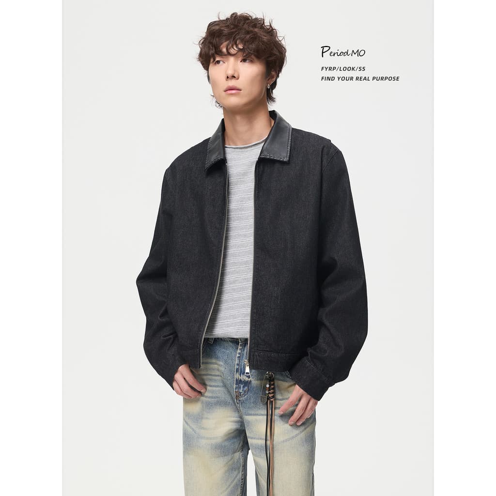 FYRP Momo Americano Retro PU Couro Costura Lapela Jaqueta Jeans Masculina 2026 Novo Estilo High-End Ruffian Bonito Top