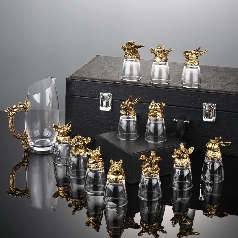 . 12 conjunto de copo de vinho branco do zodíaco, dispensador de vinho, vidro de cristal, conjunto de vinho chinês, copo