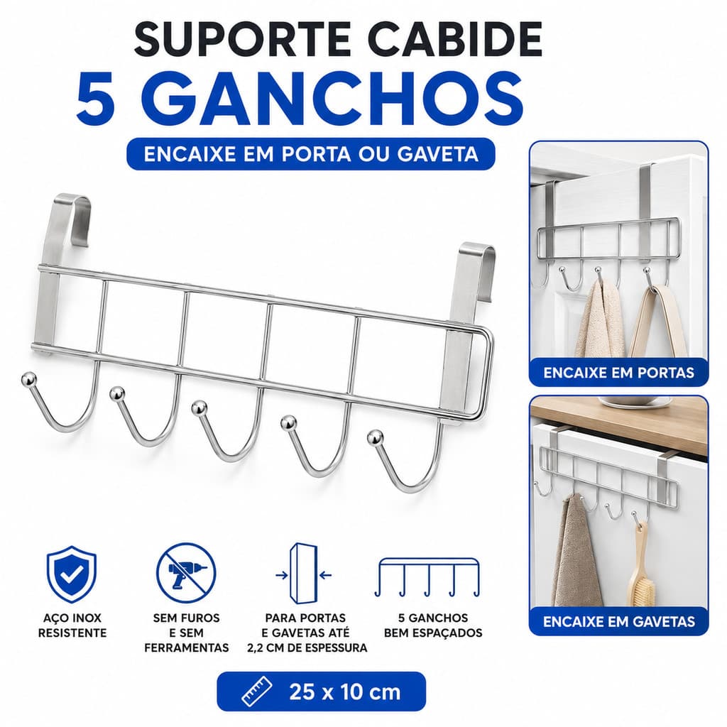 Cabideiro Para Porta 5 Ganchos Suporte Organizador 1 ou 2 Unidades