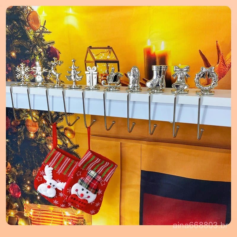 ◌ Gancho de lareira de Natal para e-commerce 2025, gancho de metal para pendurar sacos, gancho de meia de Natal com floc