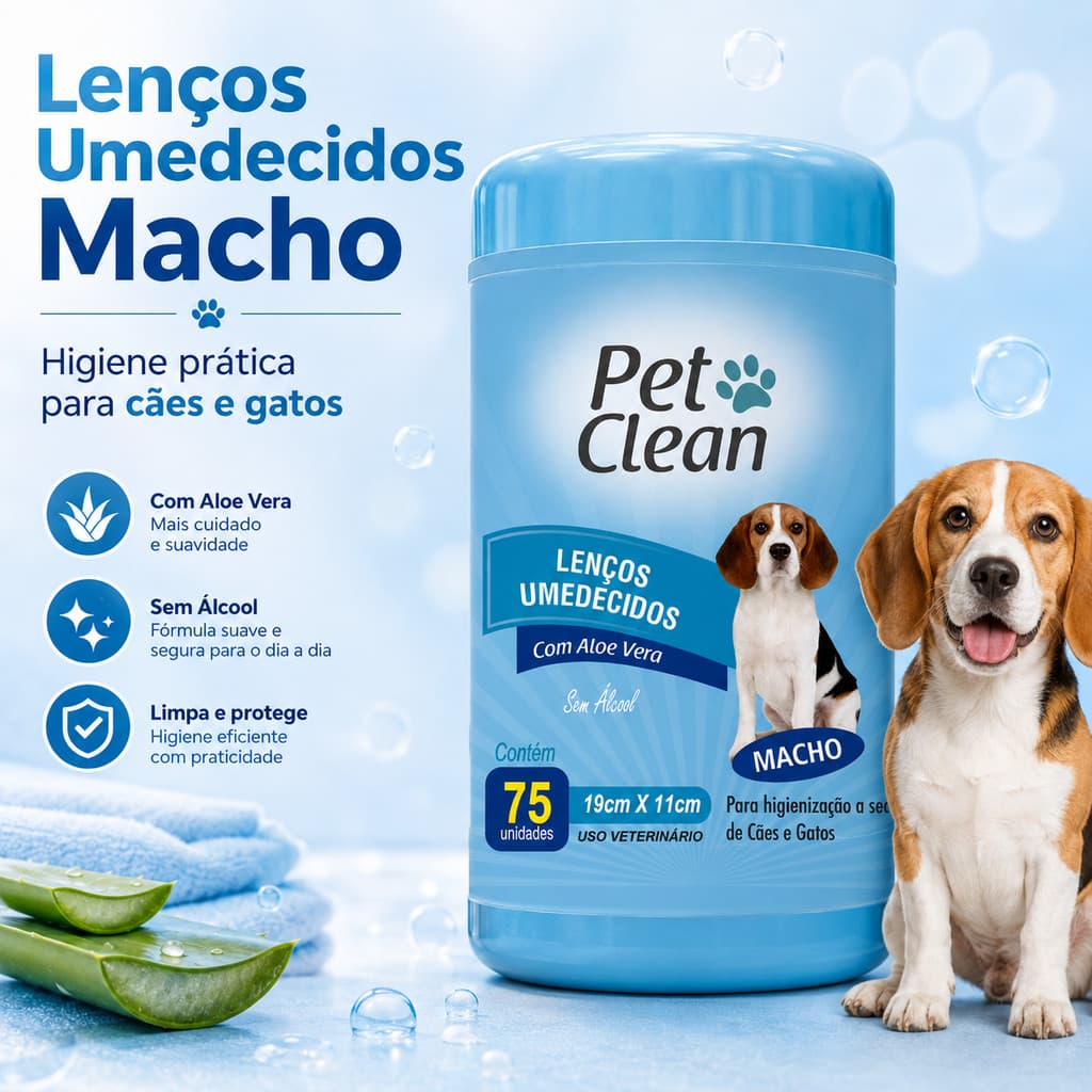 Lenço Umedecido Para Caes E Gatos Pet Macho Pote com 75 Unidades Higienizar Sem Alcool Pet Toalha
