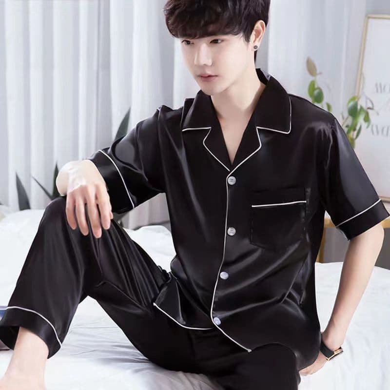 Pijamas de seda gelo masculino calças de manga curta fino solto cor sólida simulação seda Loungewear ao vivo 8.28