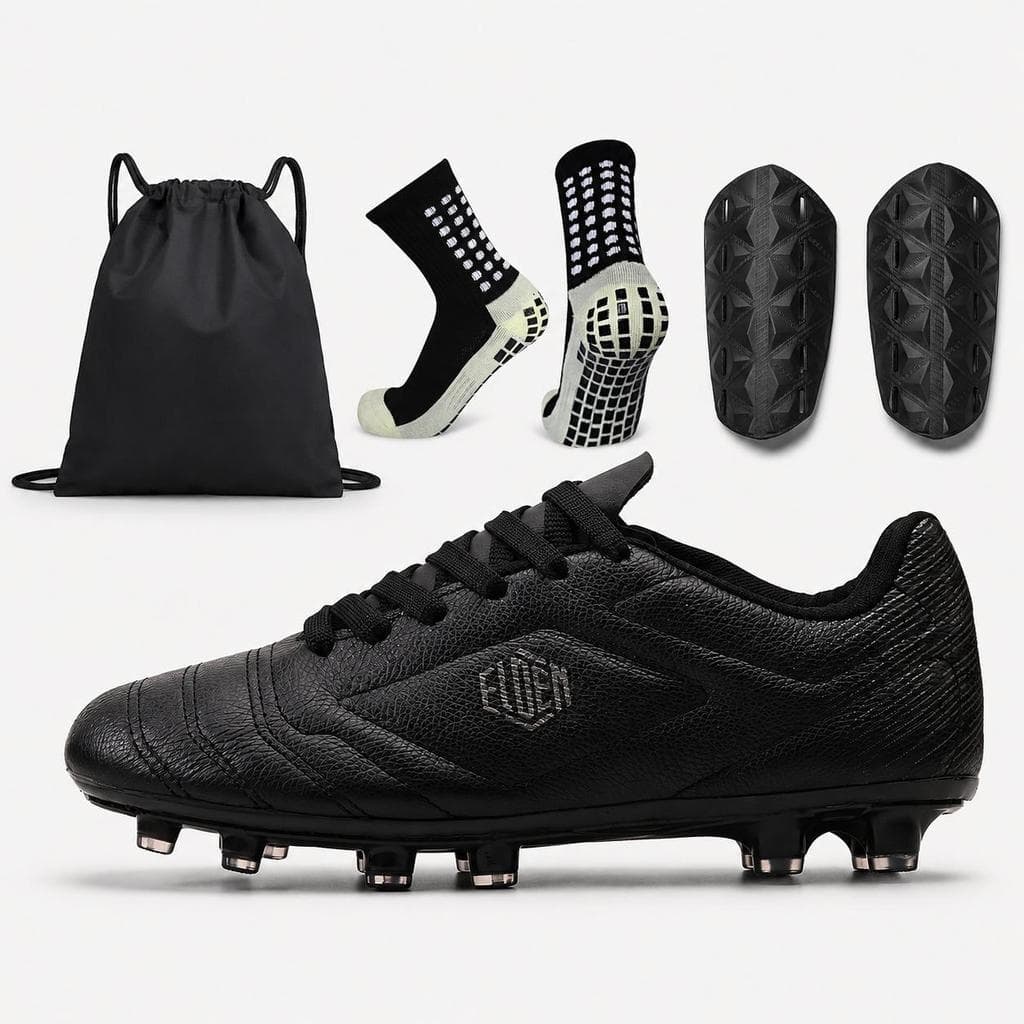 Kit Chuteira Elden Couro 100% Legitimo Campo Trava Costurada + Meiao + Caneleira + Bolsa E201-03