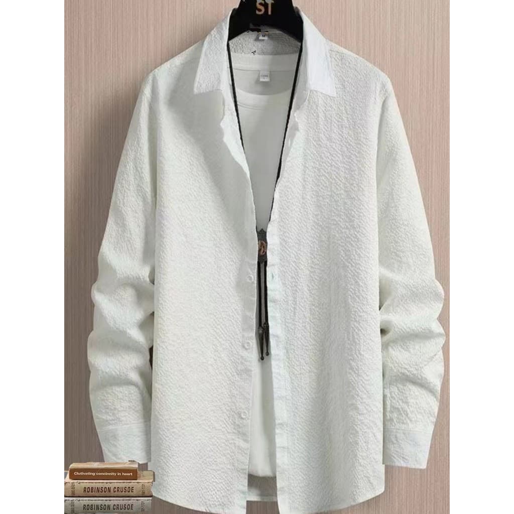 Seersucker tecido xadrez primavera outono estilo fino respirável confortável camisa branca masculina manga longa magro-a