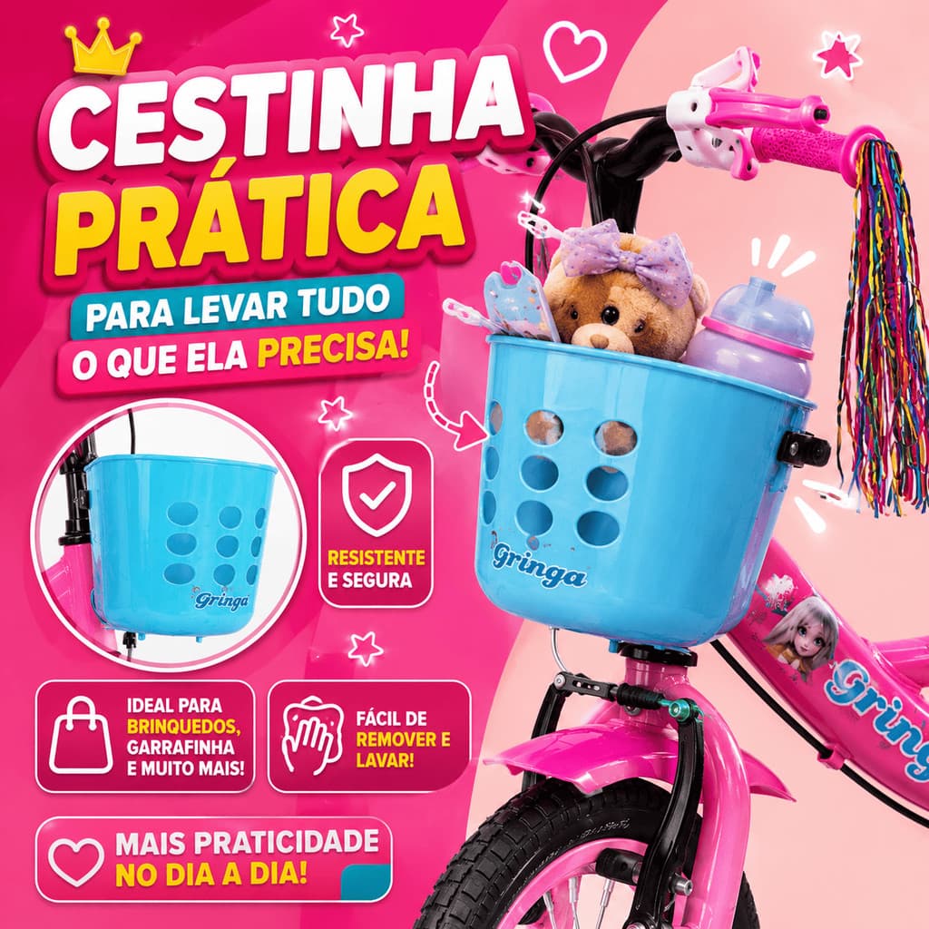 Bicicleta Infantil Menina Aro 14 Princesa 3-7 Anos com Rodinhas + Cestinha + LED