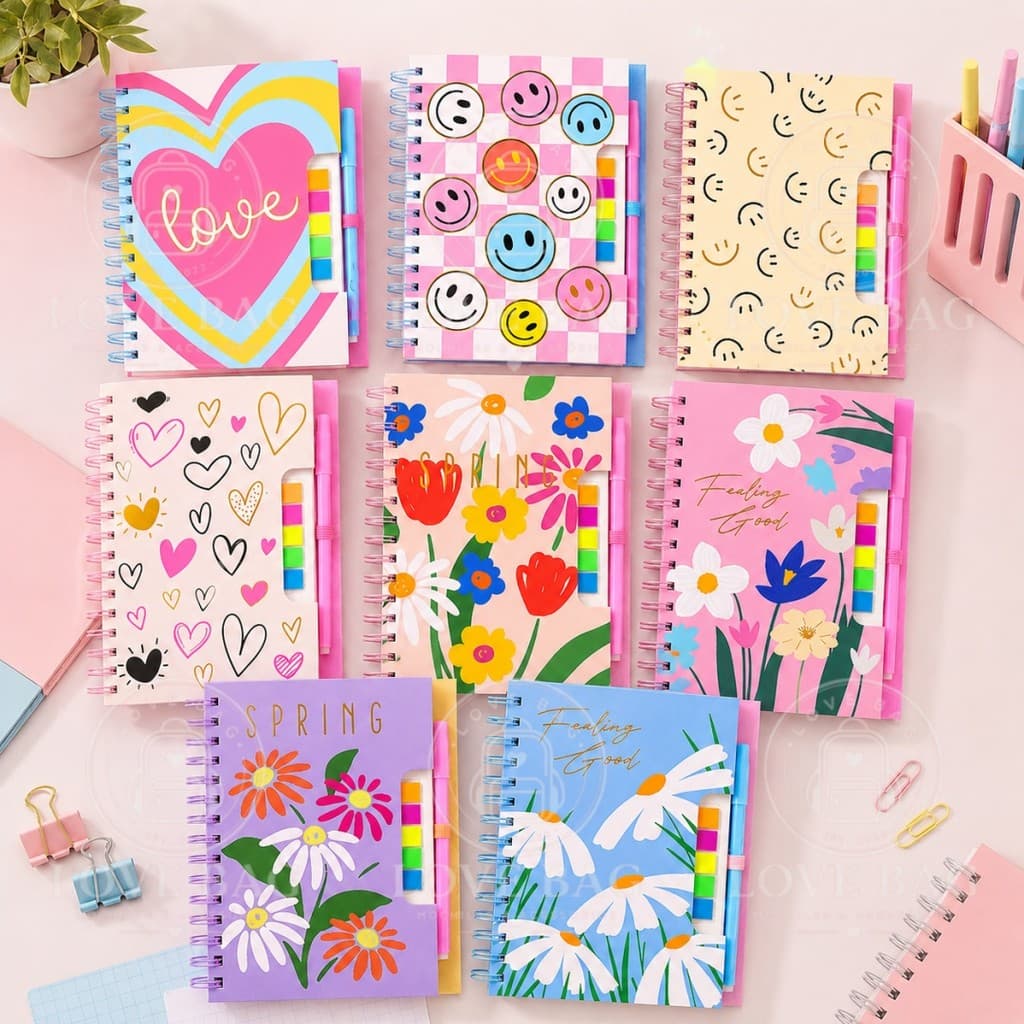 Caderno Capa Dura Espiral Pautado A5 80 Folhas com Caneta Apagável e Notas Adesivas Post-it