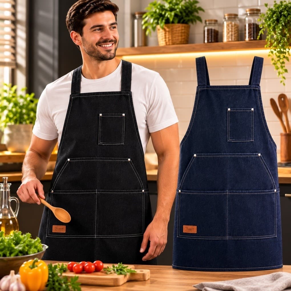 Avental Profissional Multiuso com Bolso | Estilo Jeans Unissex para Cozinha Barista Barbeiro Churrasco | Ajuste Traseiro