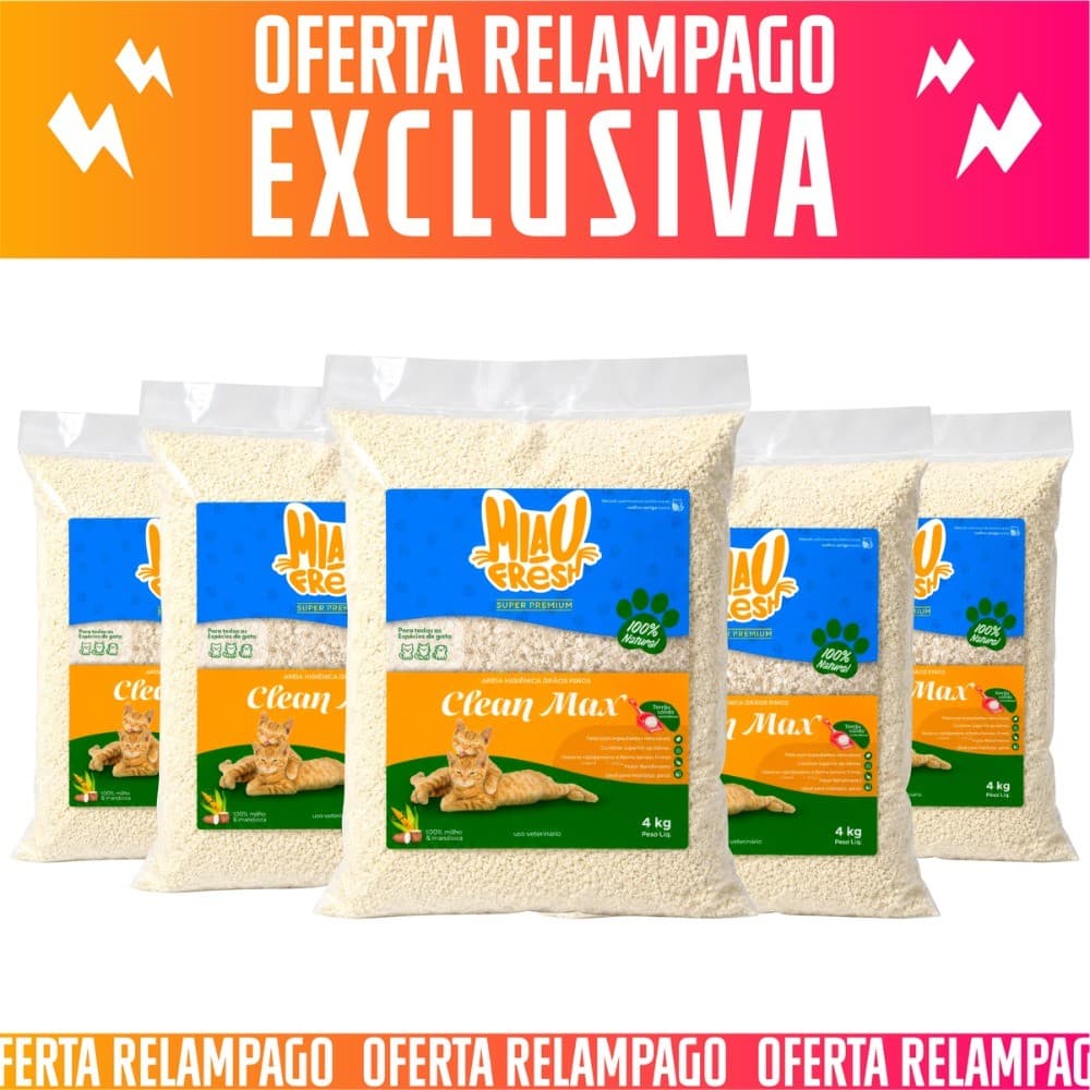 5 Areias Higiênica Miau fresh Biodegradável 20Kg  Mandioca E Milho P/ Gatos Controle De Odores Torrão - Variações