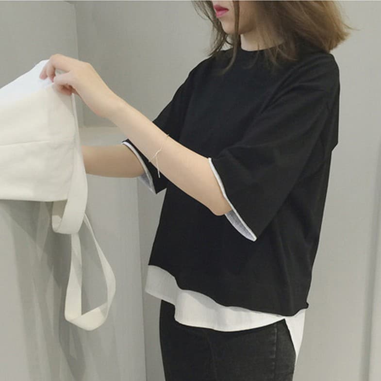 Falso topo de duas peças versão coreana costura solta falso de duas peças de manga curta camiseta senhoras topo roupas f