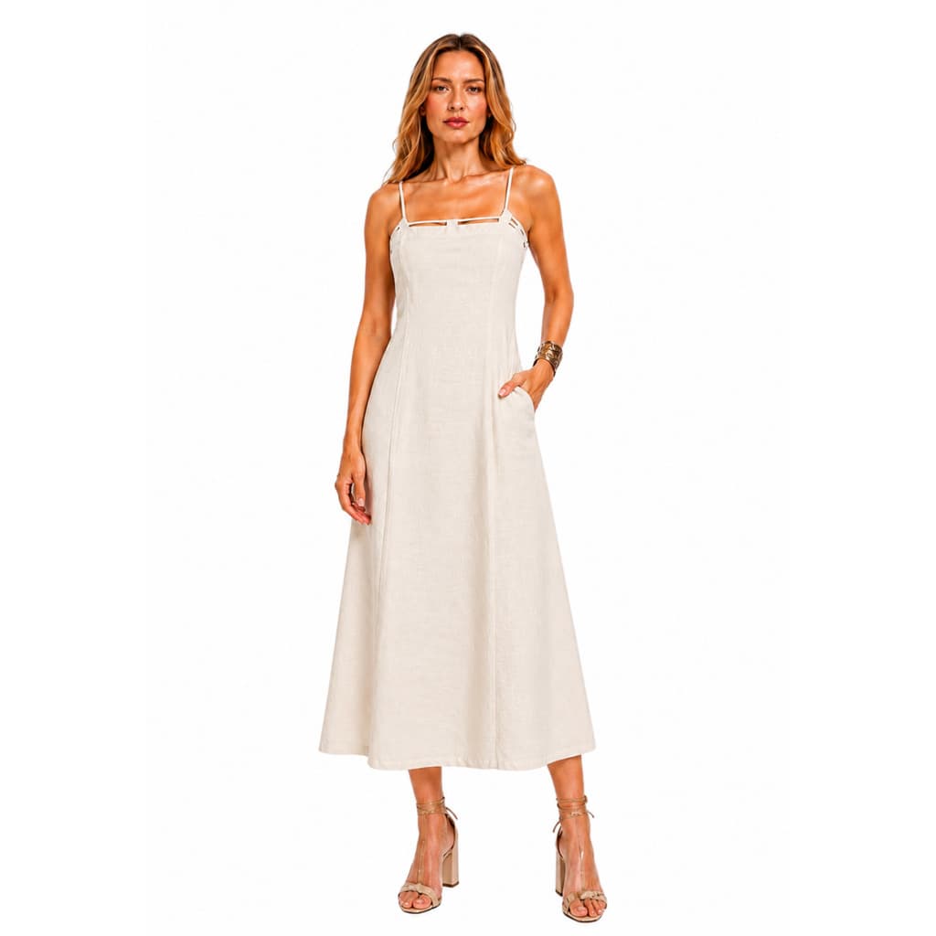 Vestido Midi de Linho com Alça Ajustável Soltinho Elegante