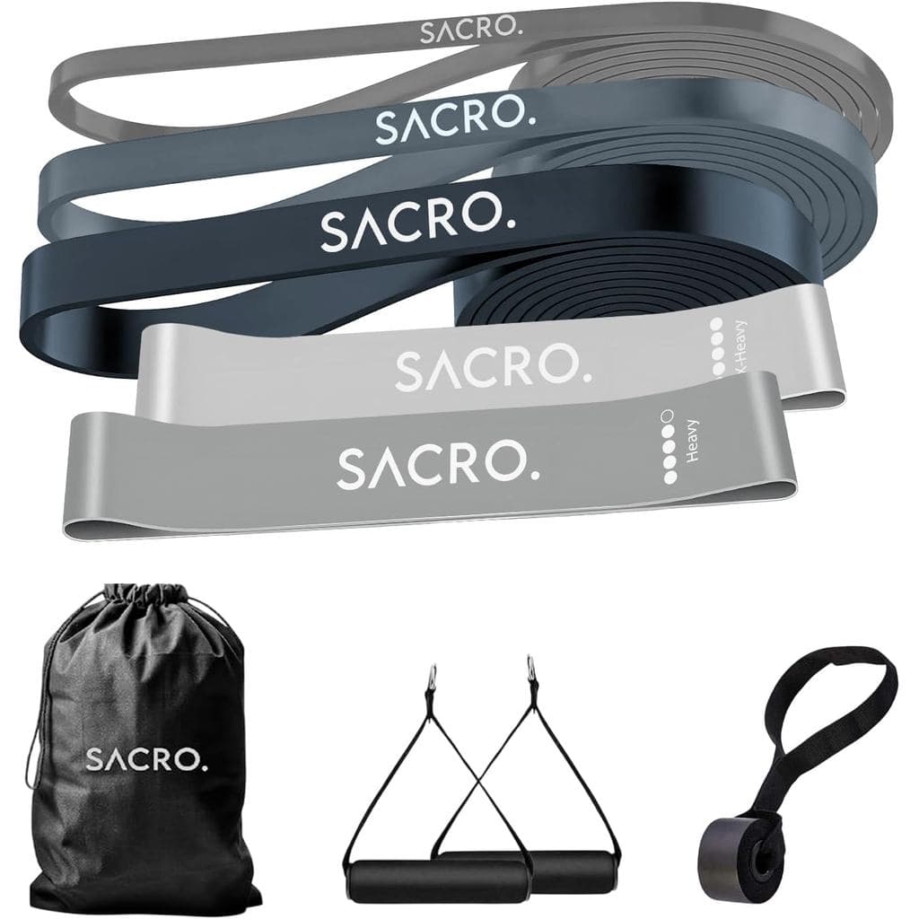 Sakro.   Faixas de resistência elásticas para fitness - conjunto combinado (3 faixas para o tronco + 2 faixas para os qu