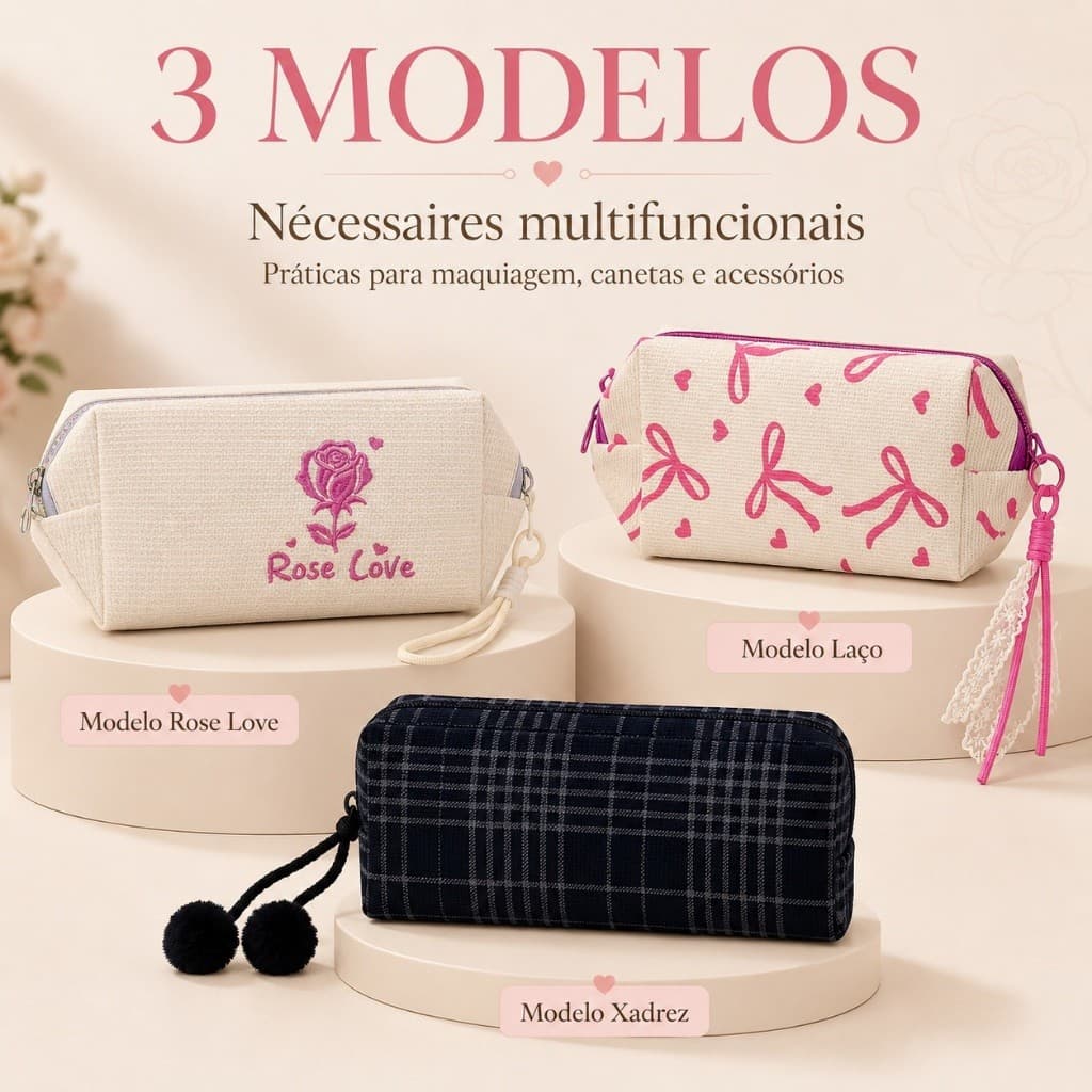 Nécessaire Feminina Multiuso Estojo Organizador para Maquiagem, Escola e Viagem – 3 Modelos