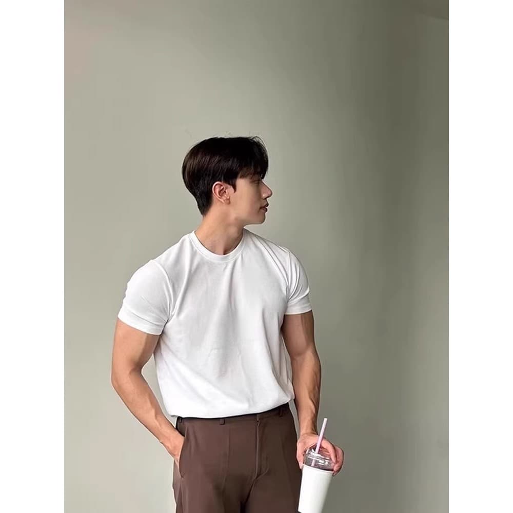 Branco 240g puro algodão manguito camiseta masculina pesado cleanfit mostrar fundo muscular manga curta pequeno decote m