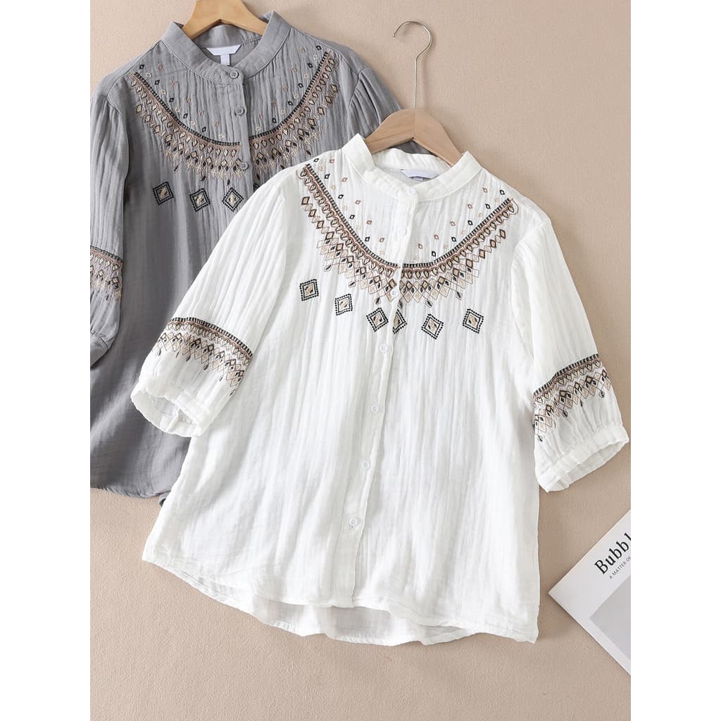 Retro artístico cavidade contraste cor contraste bordado algodão manga três quartos camisa feminina verão macio ceroso r