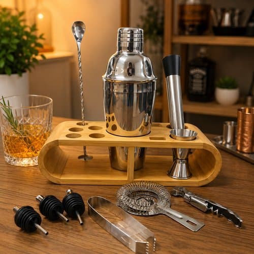 Kit Coqueteleira Completa Suporte Bambu Ferramentas Bar Mixologia Profissional